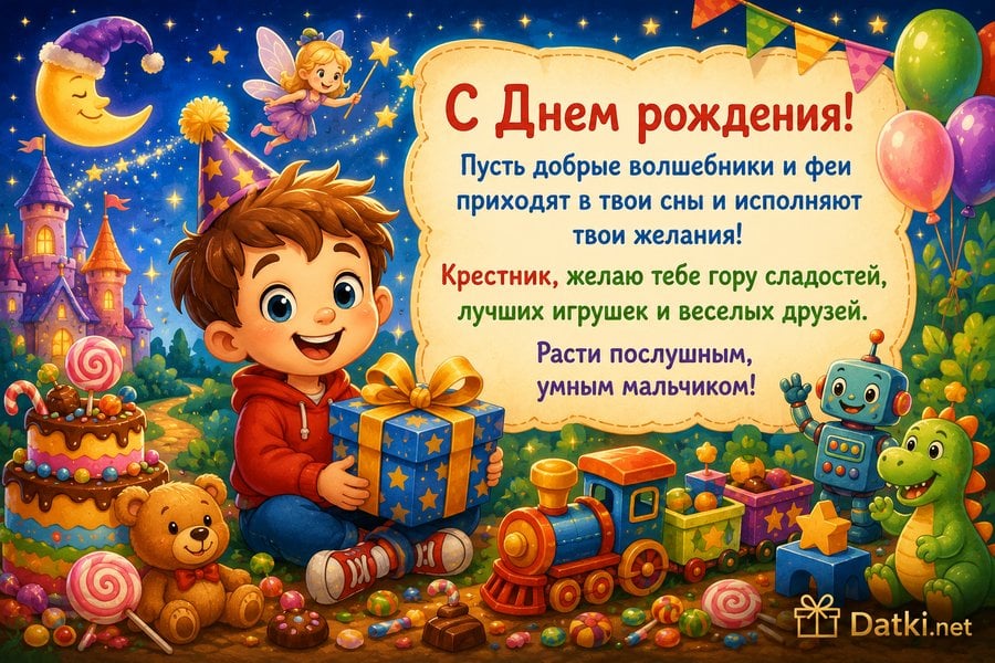 Открытка с днём рождения крестнику — пусть год будет весёлым